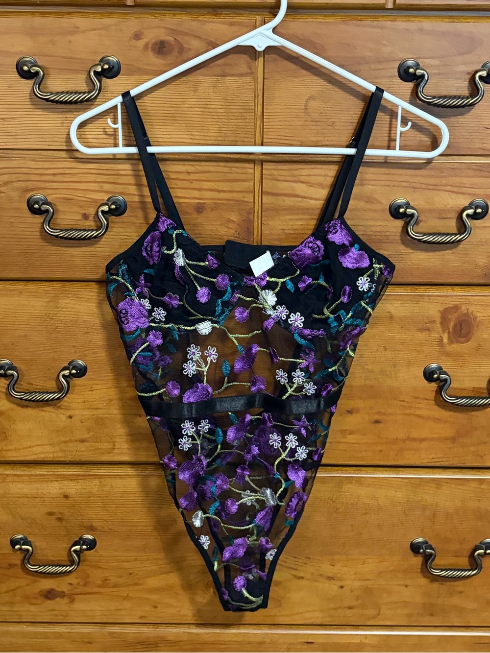 ROMWE Black Sheer Embroidered Floral Bodysuit with Purple Accents